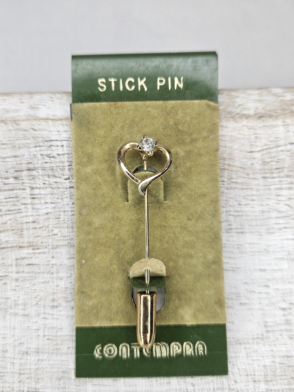 Vintage Gold Tone Heart And Clear Rhinestone Stick Pin 1980s Contempra